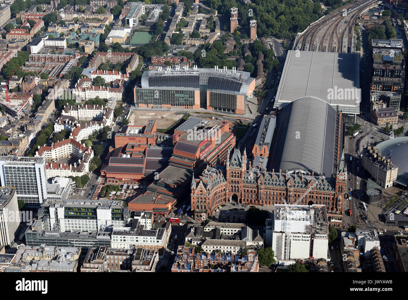 Luftaufnahme der British Library, St Pancras & Francis Crick Gebäude, London, UK Stockfoto