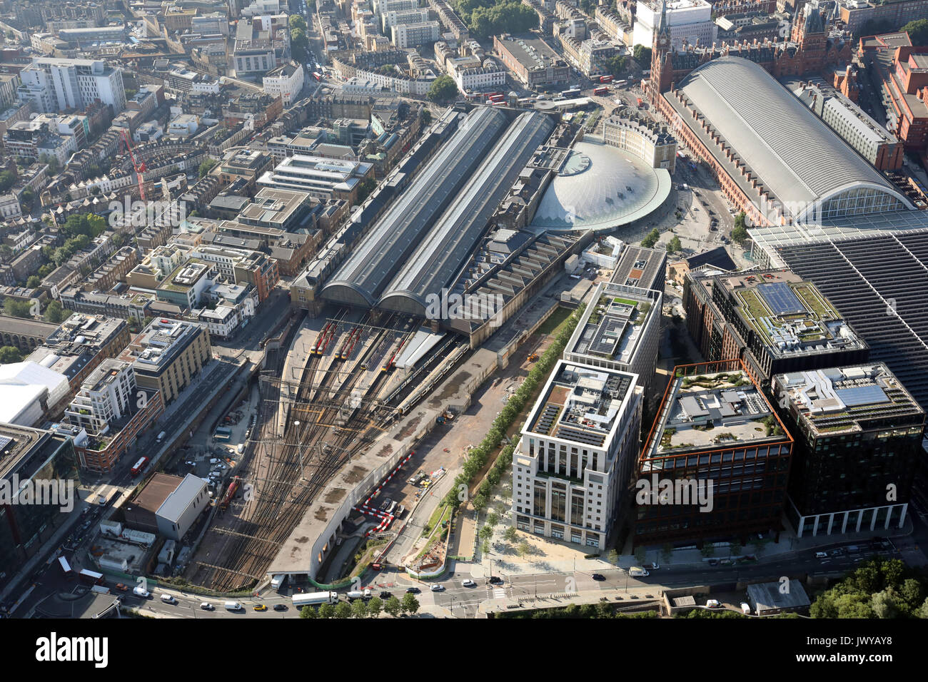 Luftaufnahme von Kings Cross Bahnhof, London, UK Stockfoto