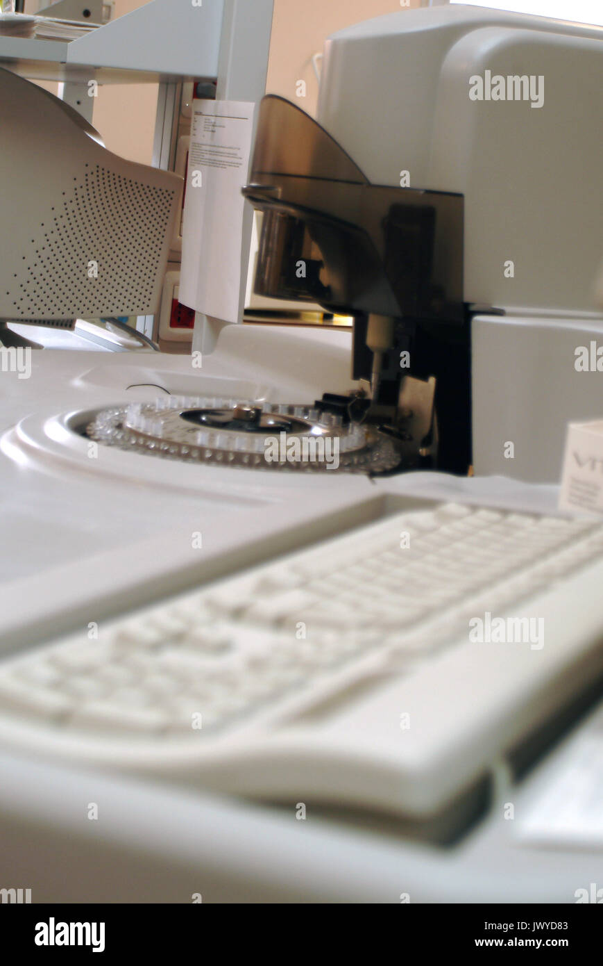 Labor-Assistentin analysiert der DNA-Sequenz auf dem computer Stockfoto