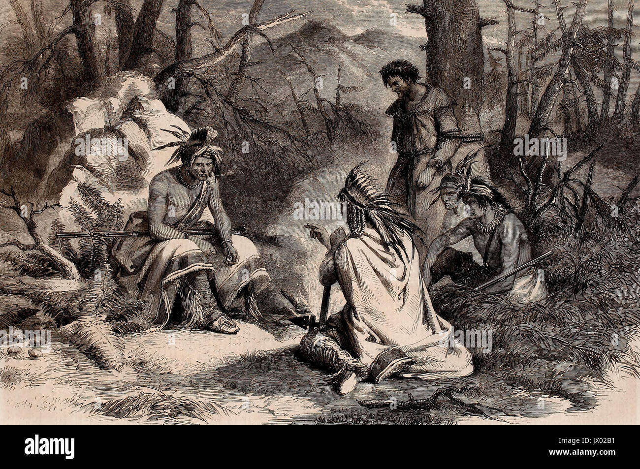 Nordamerikanischen Indianer halten Rat über das Schicksal von einem weißen Gefangenen, um 1860 Stockfoto