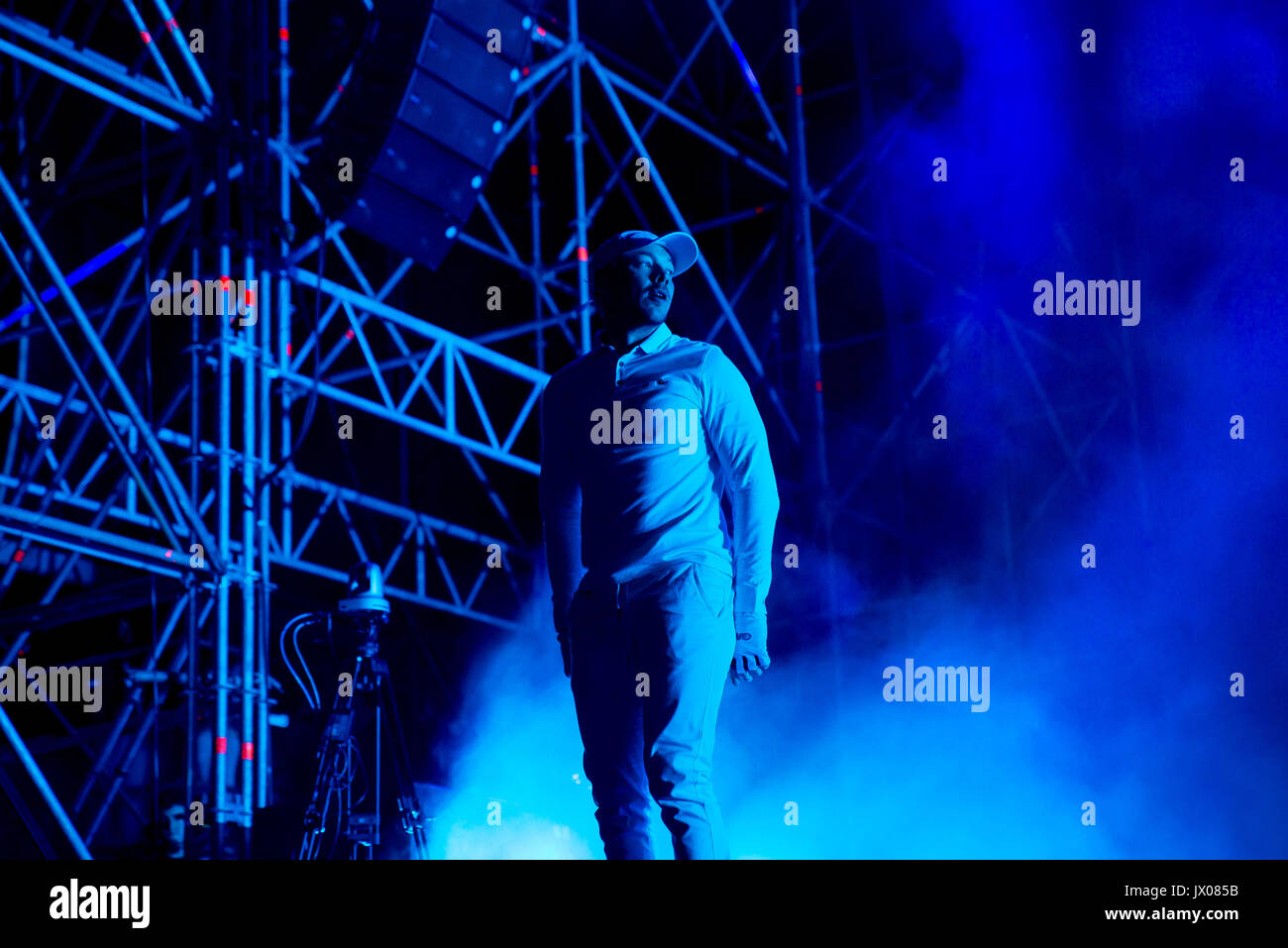 BENICASSIM, Spanien - 14 JUL: Major Lazer (elektronische Musikband bestehend aus Produzent Diplo, Jillionaire und Walshy Fire) führen im Konzert in F Stockfoto