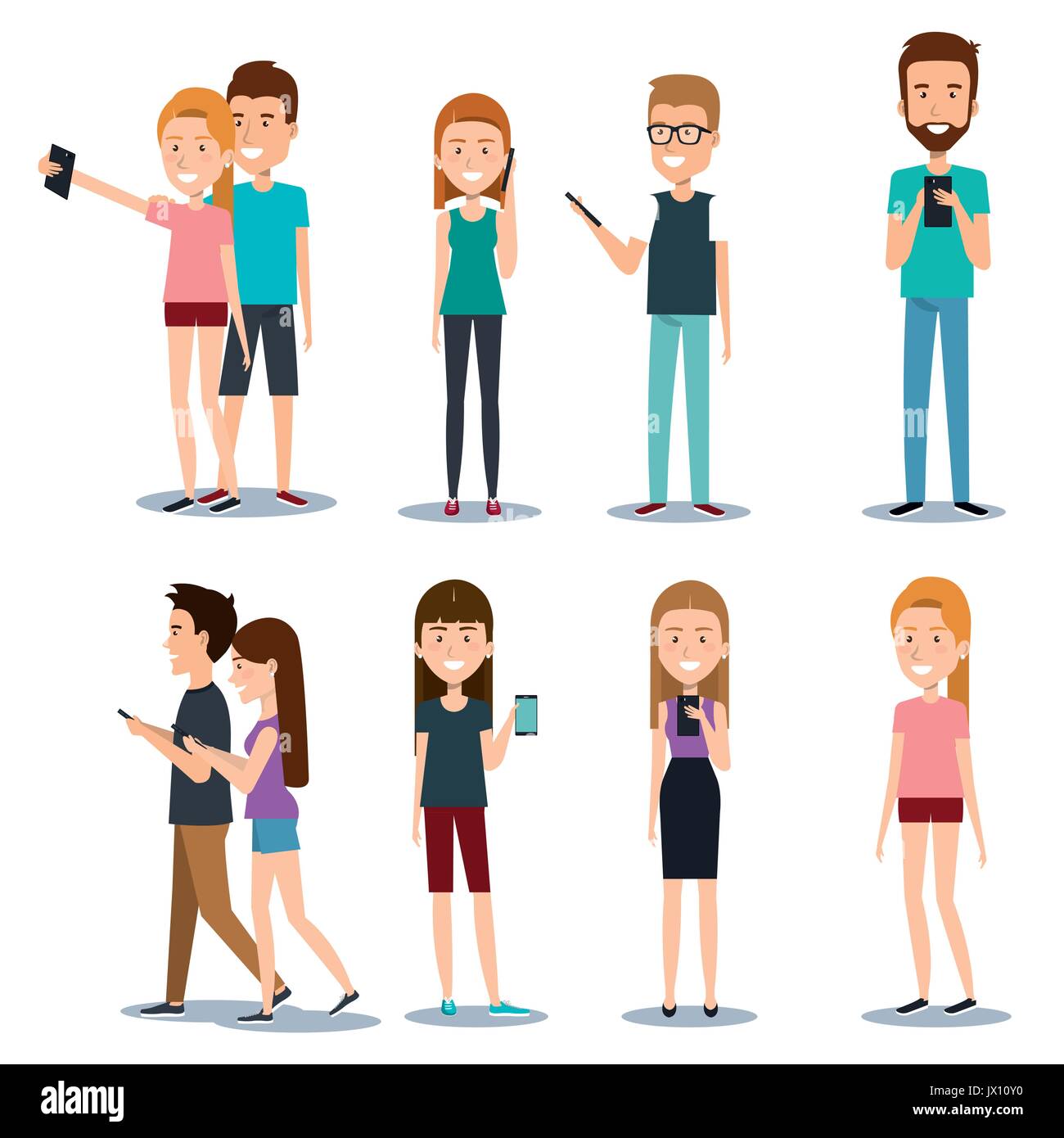 Die moderne Gesellschaft Menschen Kommunikation Personen mit mobilen Vector Illustration Stock Vektor