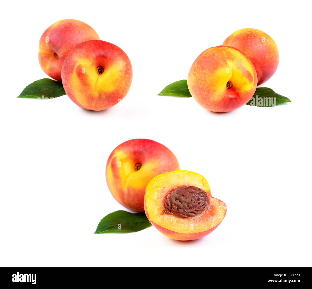 Satz frischer Pfirsich Früchte mit Green Leaf isoliert auf weißem Hintergrund Stockfoto