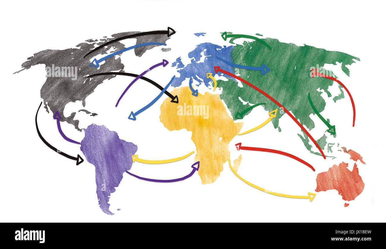 Konzept für die Globalisierung und die weltweite Vernetzung mit gezogenen Pfeile. Stockfoto