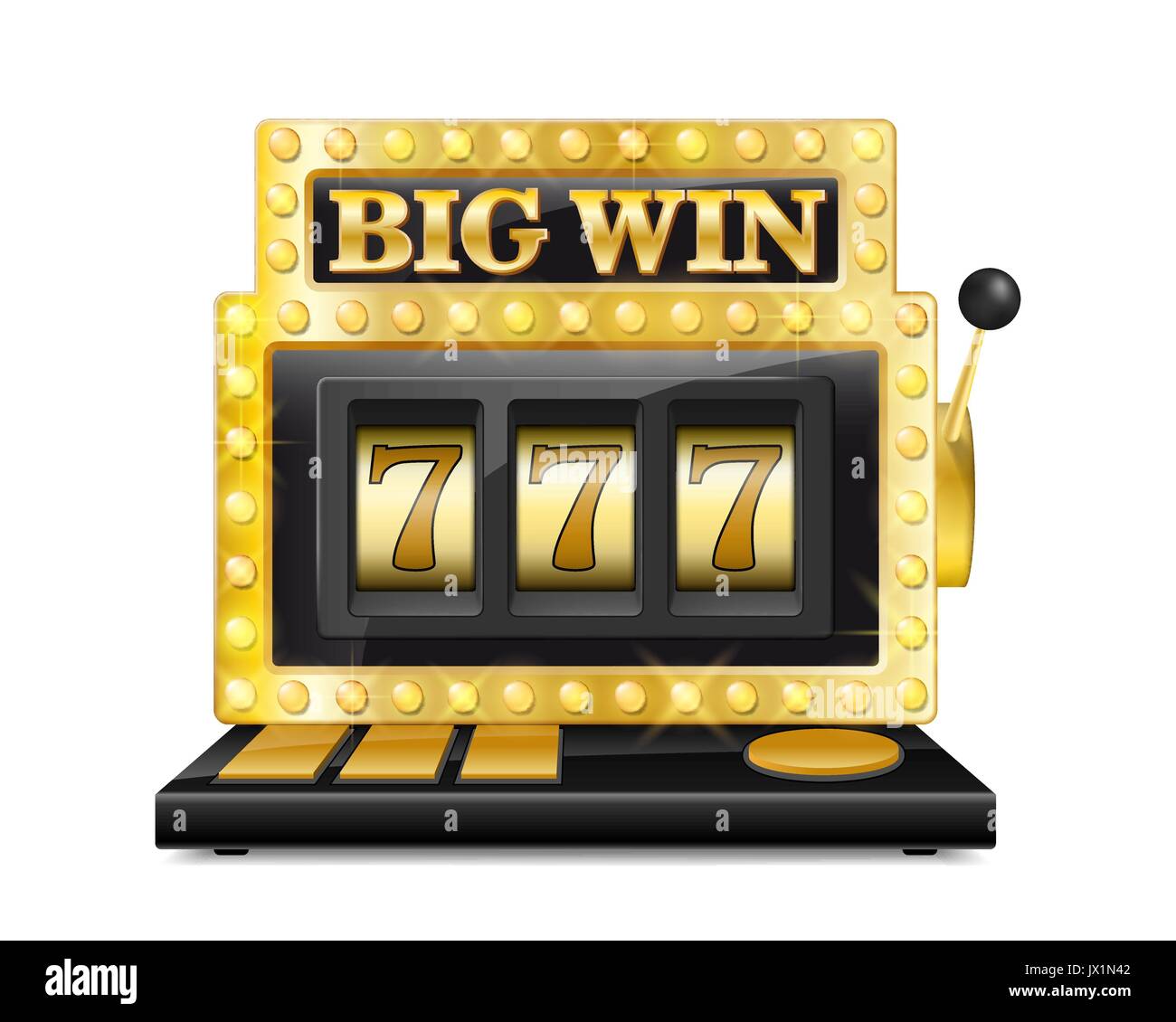 Golden slot Maschine gewinnt den Jackpot lucky sieben in Spiel auf weißem Hintergrund. Grosser Gewinn casino slot machine Vector Illustration Stock Vektor