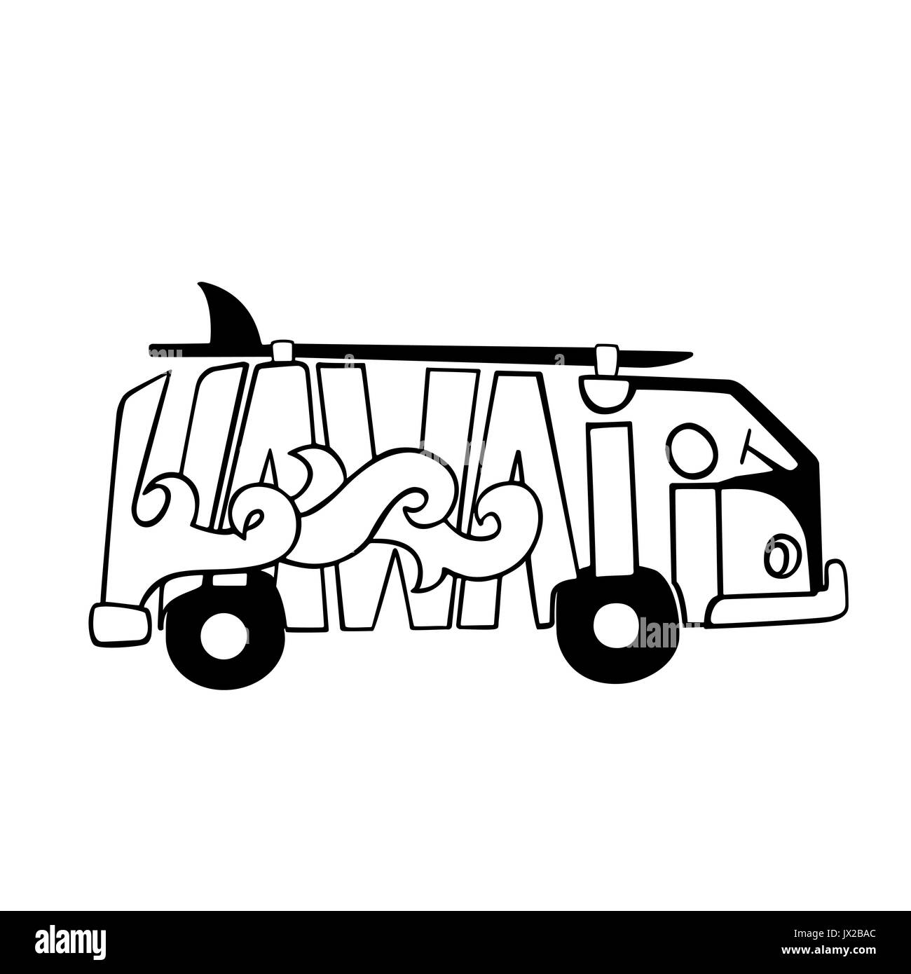 Schwarz und Weiß Hawaii surfen Drucken. Handdrawn Schriftzug mit einem Minivan. Vektor bus Abbildung. Stock Vektor