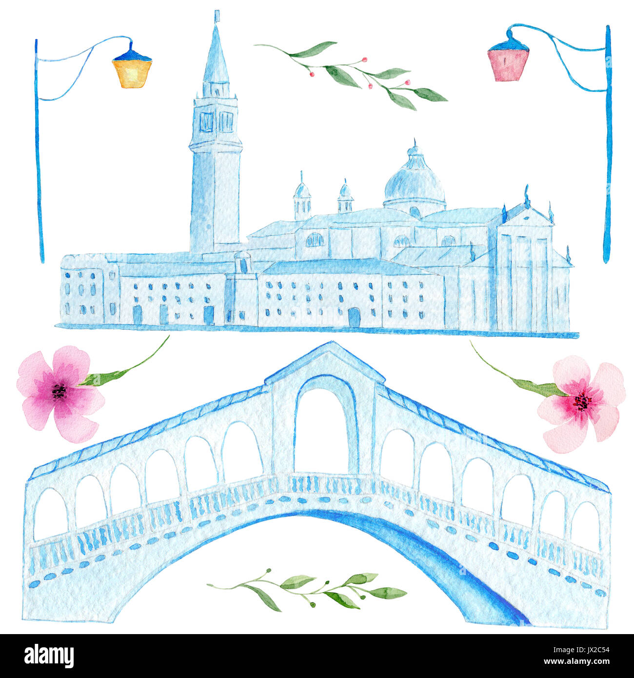 Hand Aquarell Malerei der venezianischen Rialtobrücke und Markusplatz auf weißem Hintergrund Stockfoto
