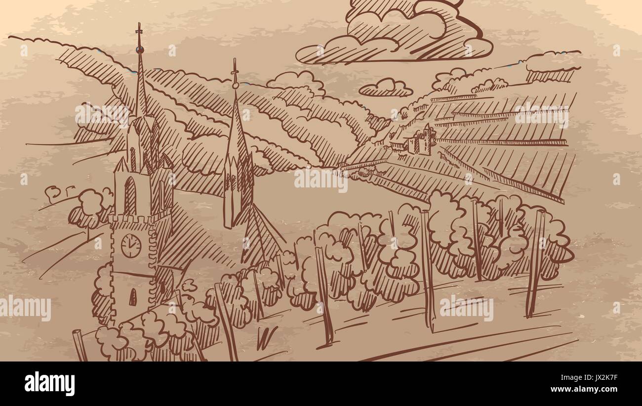 Weinberg Landschaft in Europa, Hand gezeichnet Vector Illustration mit Kirche, Hügel und den Fluss, Sepia braun Vintage Style Stock Vektor