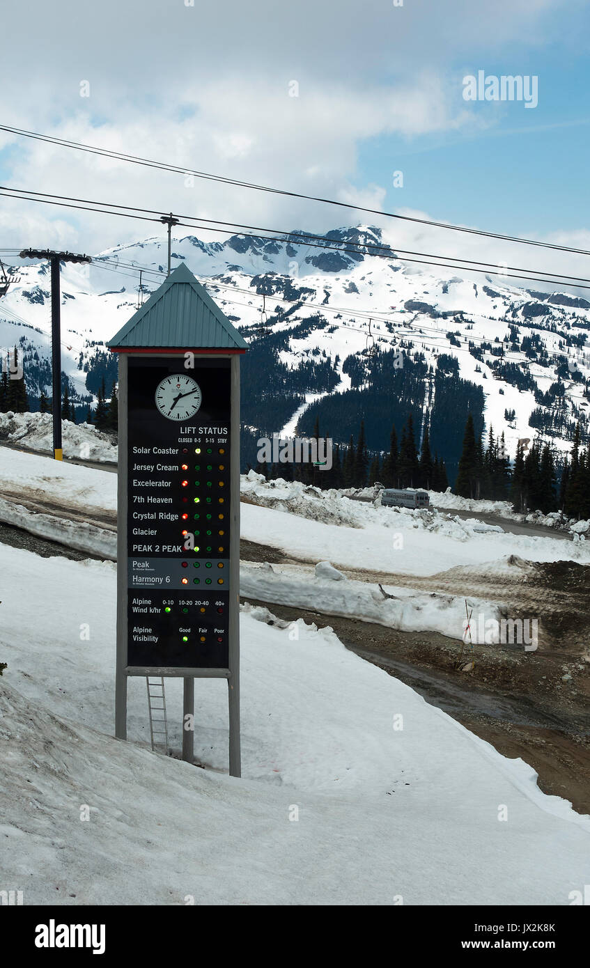 Der Skilift Status Board für Skifahrer Beraten der geöffneten Pisten durch den Roundhouse Terrasse mit Sessellift am Mount Whistler British Columbia Kanada Stockfoto