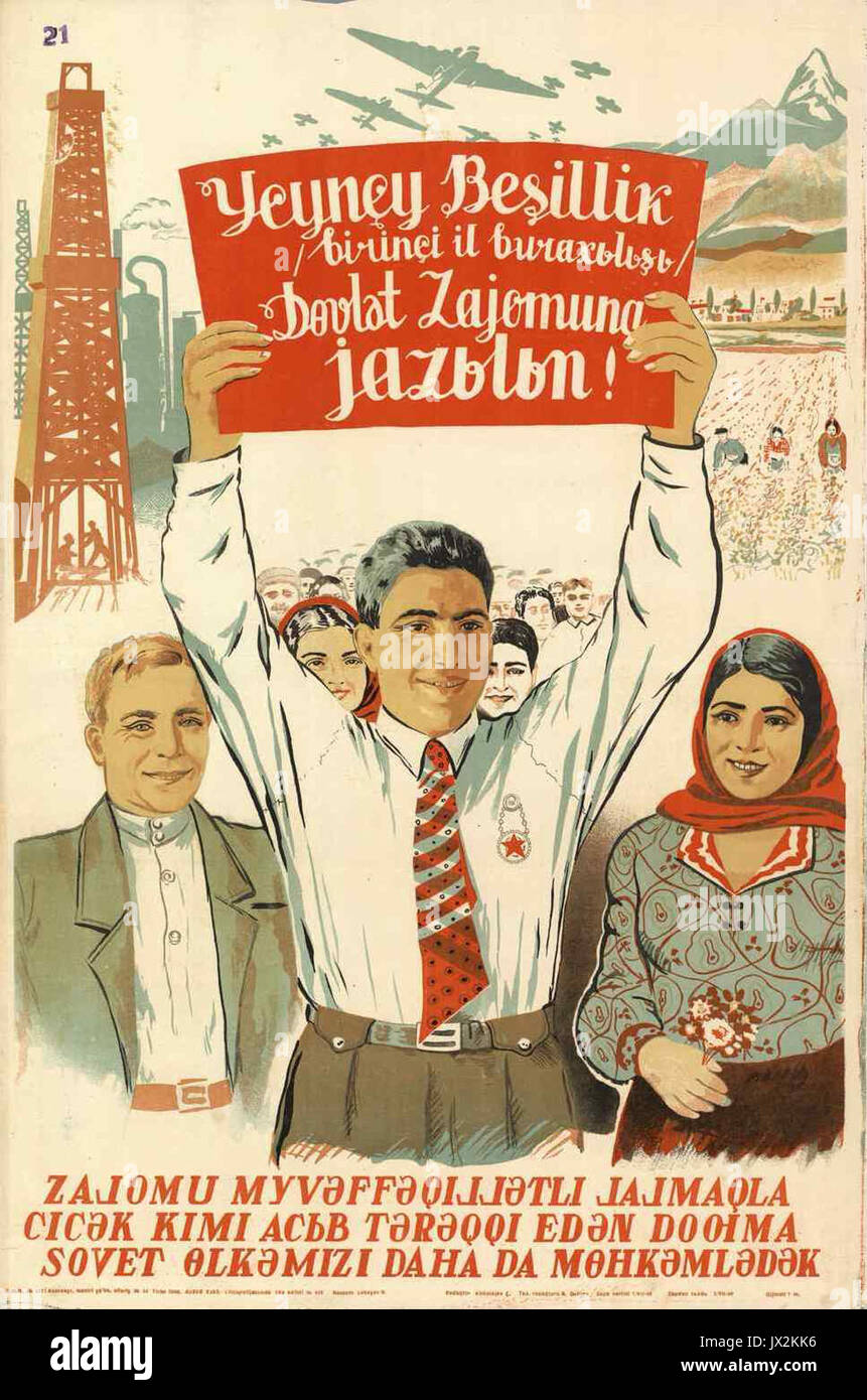 Poster von Aserbaidschan 1938 geplante Wirtschaft Stockfoto