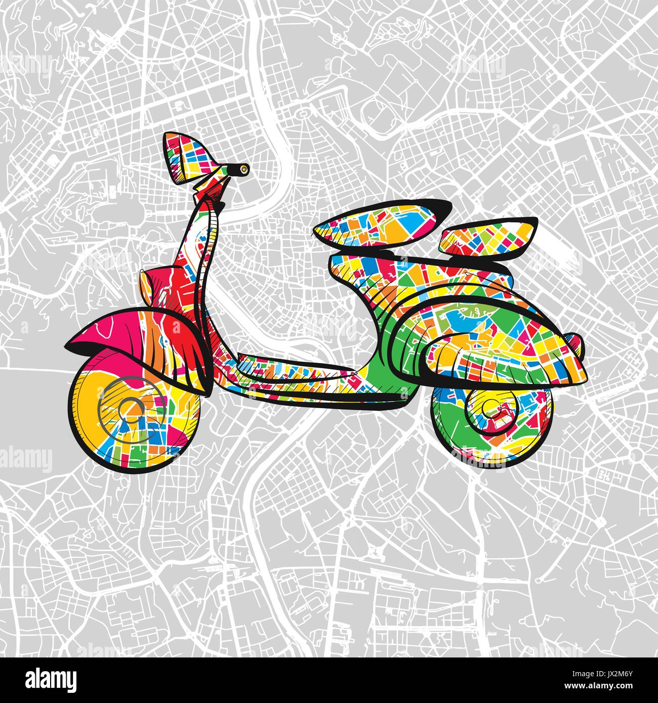 Italienische Oldtimer Roller auf Vektor Stadtplan von Rom, bunte Symbol für jede gedruckte oder Social Media reisen Symbol Stock Vektor