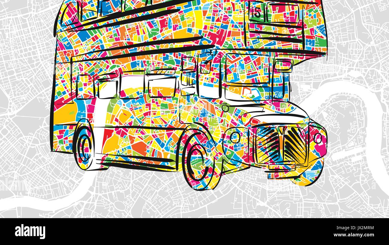 Handdrawn London Bus in bunten städtischen Stadtplan, schöne reisen Sehenswürdigkeiten Symbol für die Begrüßung von gedruckten Karten und soziale Medien Stock Vektor