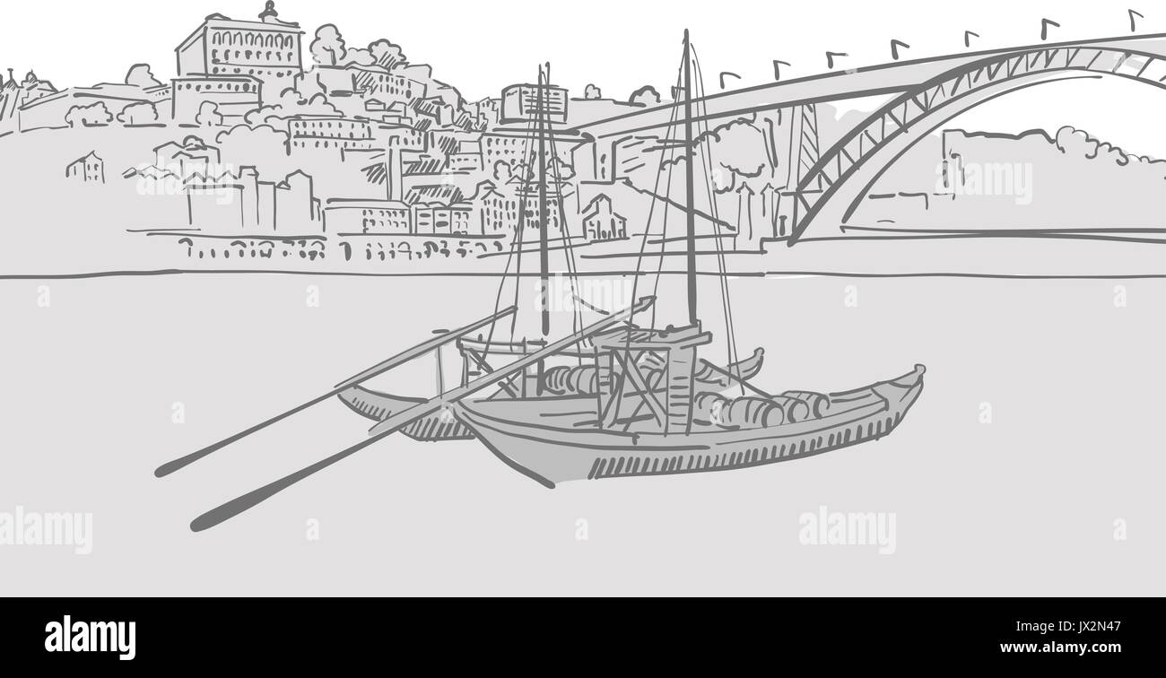 Portugal Skyline Vektor Skizze, handgezeichneten Entwurf Abbildung im Querformat. Stock Vektor