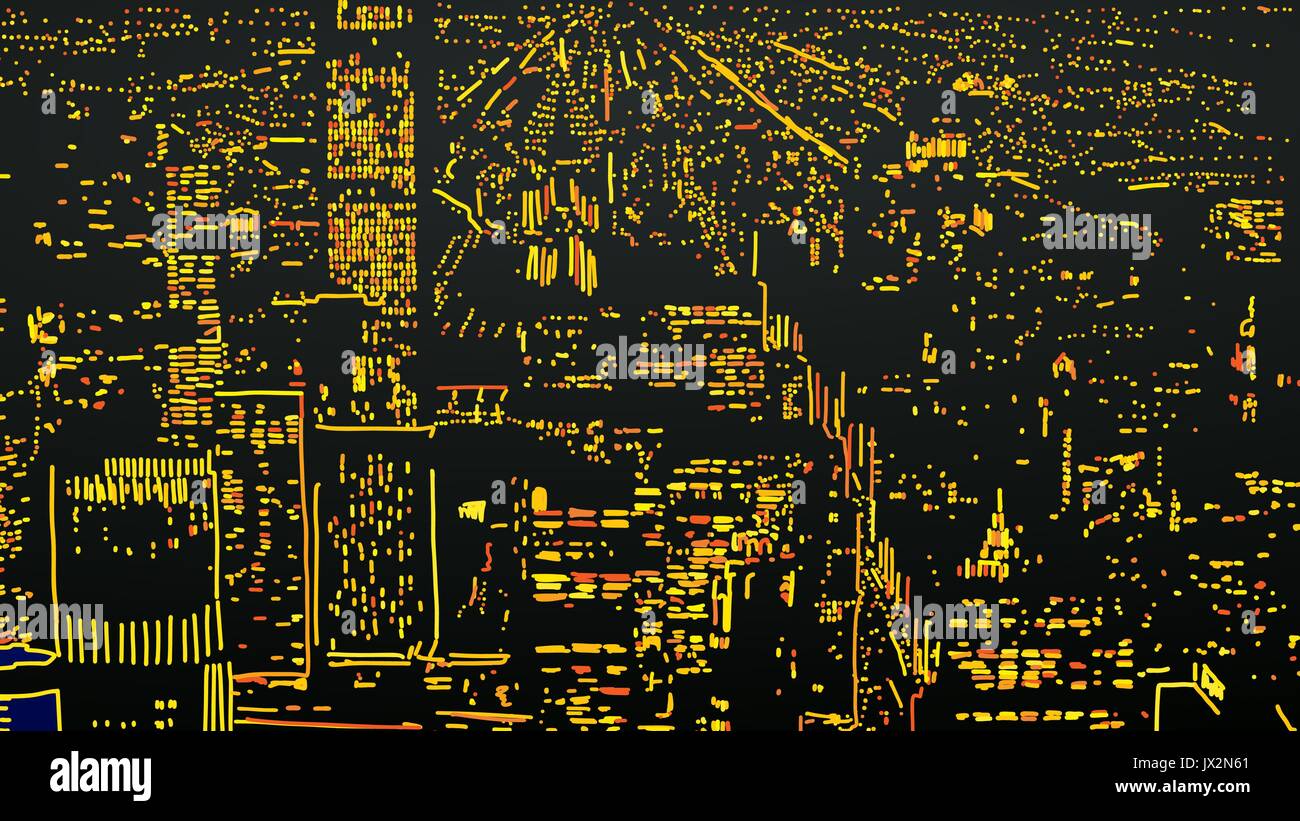 Big City Downtown Wolkenkratzer in der Nacht, schöne Vector Illustration verschiedener Schatten Lichter, Handskizze Stock Vektor