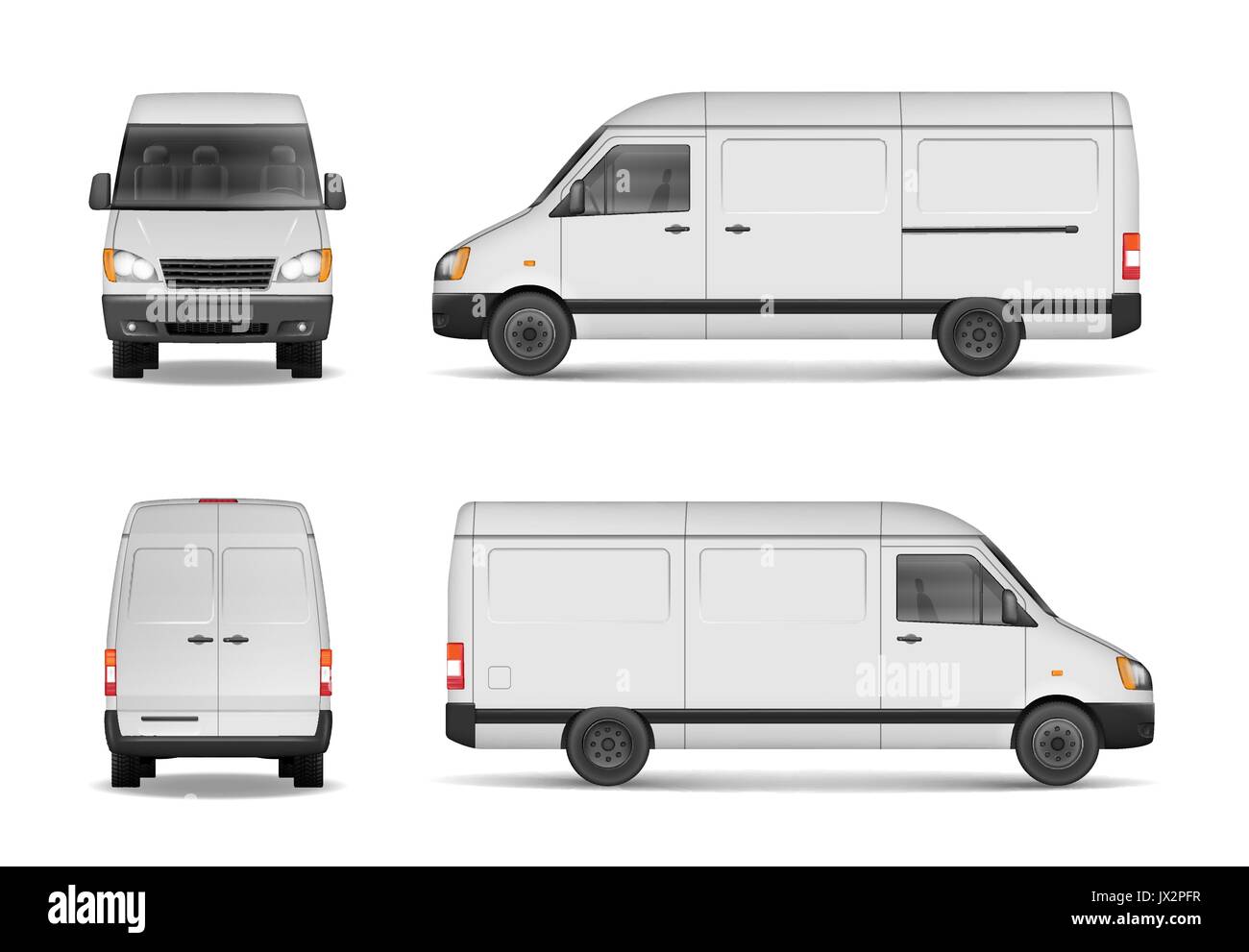 Isolierte kommerzielle Auslieferung Fahrzeug eingestellt. Weiß van vector Template für Auto Branding und Werbung. Mini Bus von Seite, Rückseite, Ansicht von vorne. Vektor Stock Vektor