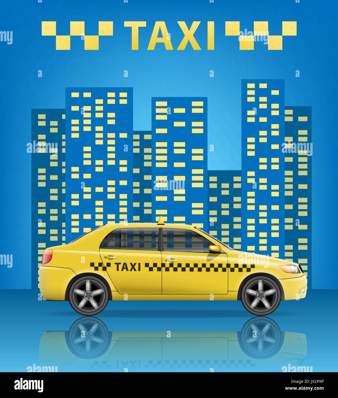 Realistische Taxi Auto mit blauen Stadt Hintergrund. City Taxi Banner. Vector Illustration Stock Vektor
