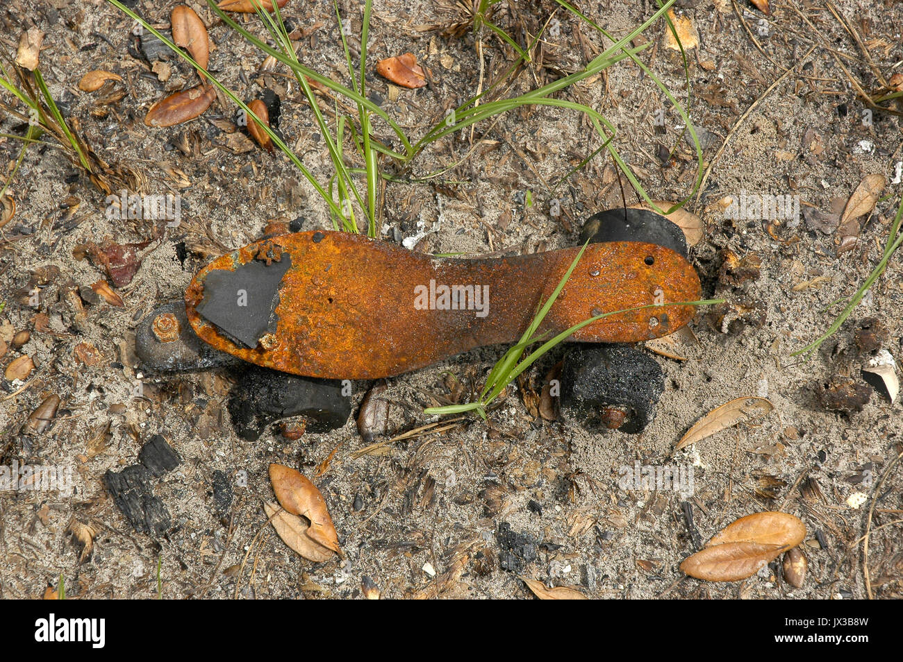 Mobilheim in einer ländlichen Gegend von North Florida verbrannt. Stockfoto