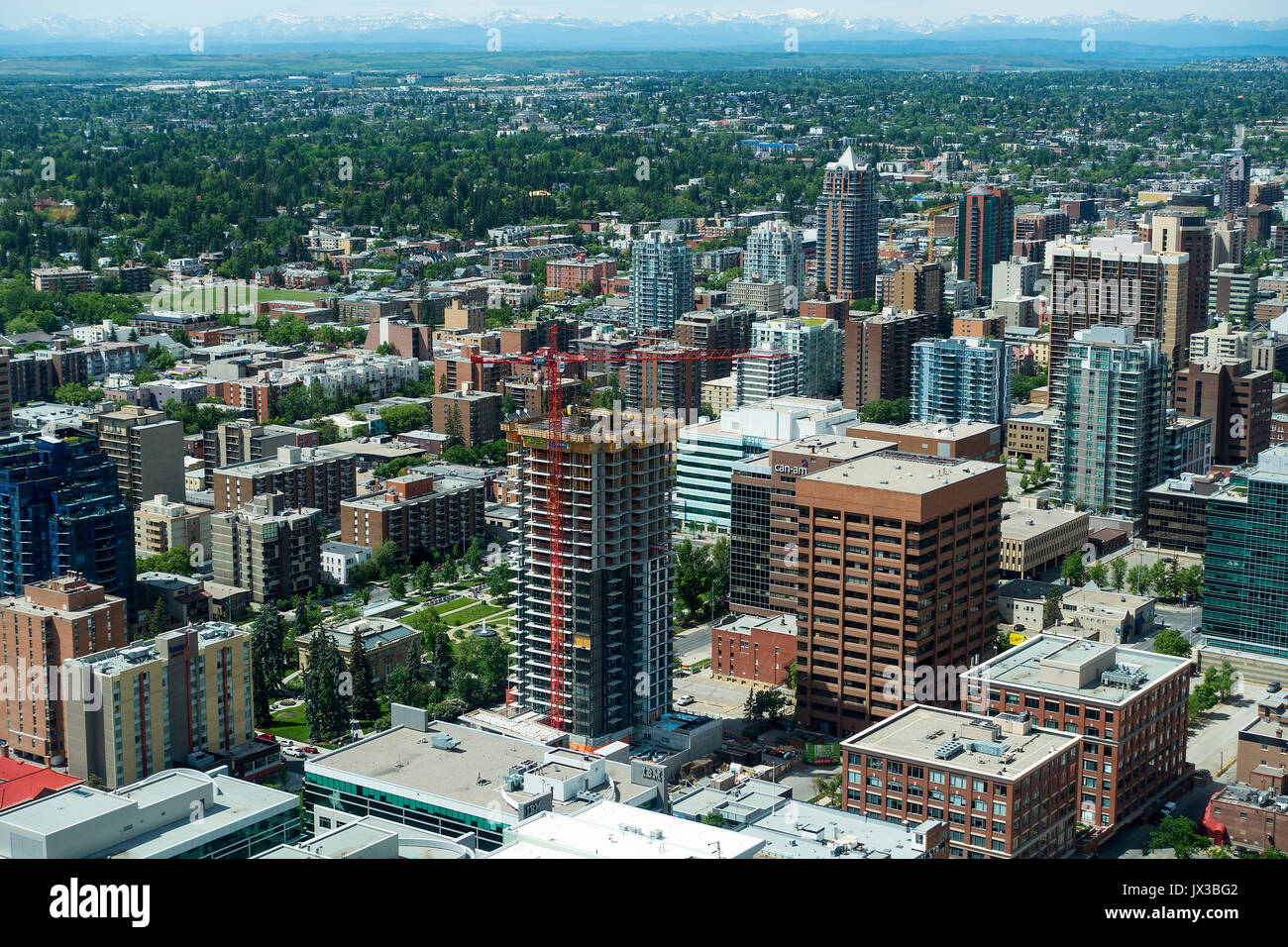 Die Luftaufnahme eines Teils der Innenstadt von Calgary in den Rocky Mountains von Calgary Tower Alberta Kanada Stockfoto