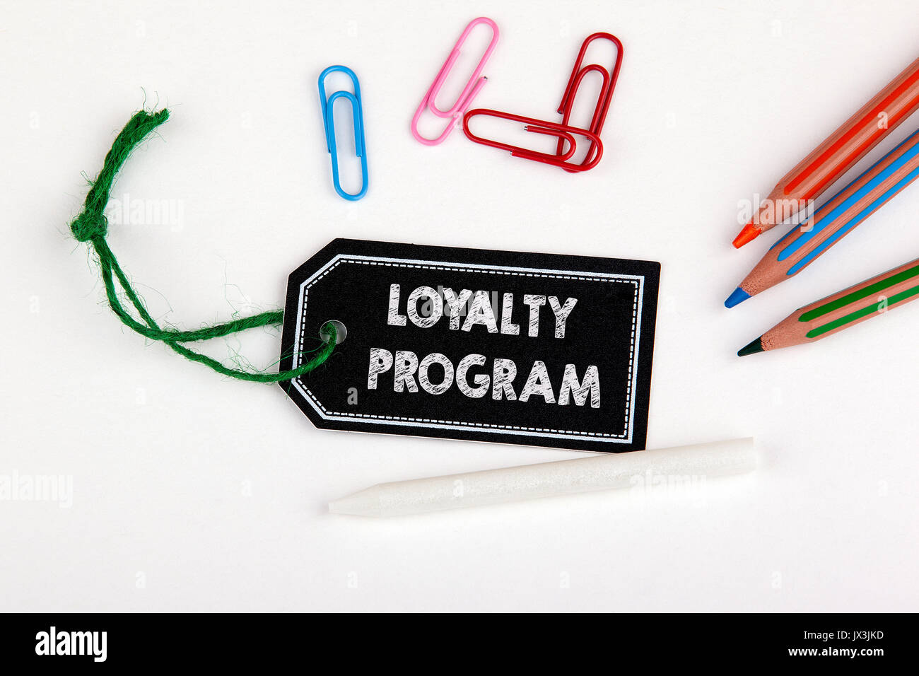 Loyalitätsprogramm. Preis Variable mit Zeichenfolge auf einem weißen Hintergrund. Stockfoto