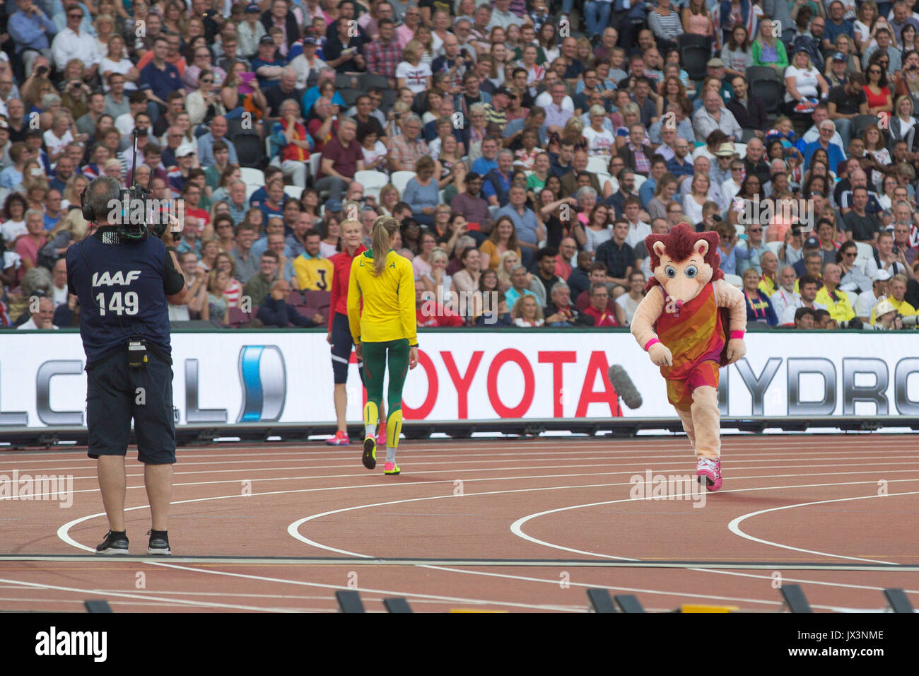 London Stadium, East London, England; IAAF World Championships, Held der Igel Maskottchen unterhaltsam die Fans am 12. August 2017. Stockfoto