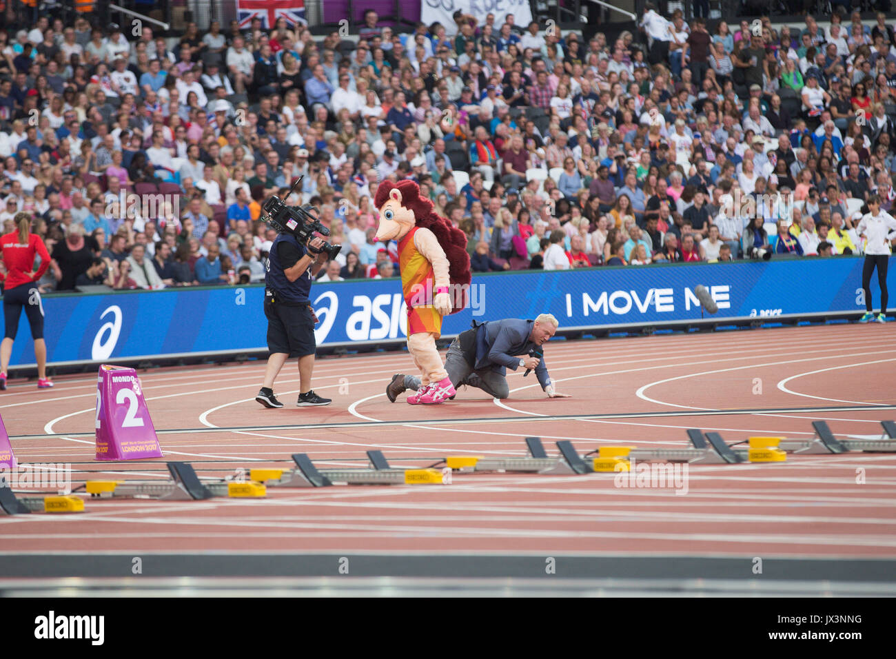 London Stadium, East London, England; IAAF World Championships, Held der Igel Maskottchen unterhaltsam die Fans am 12. August 2017. Stockfoto