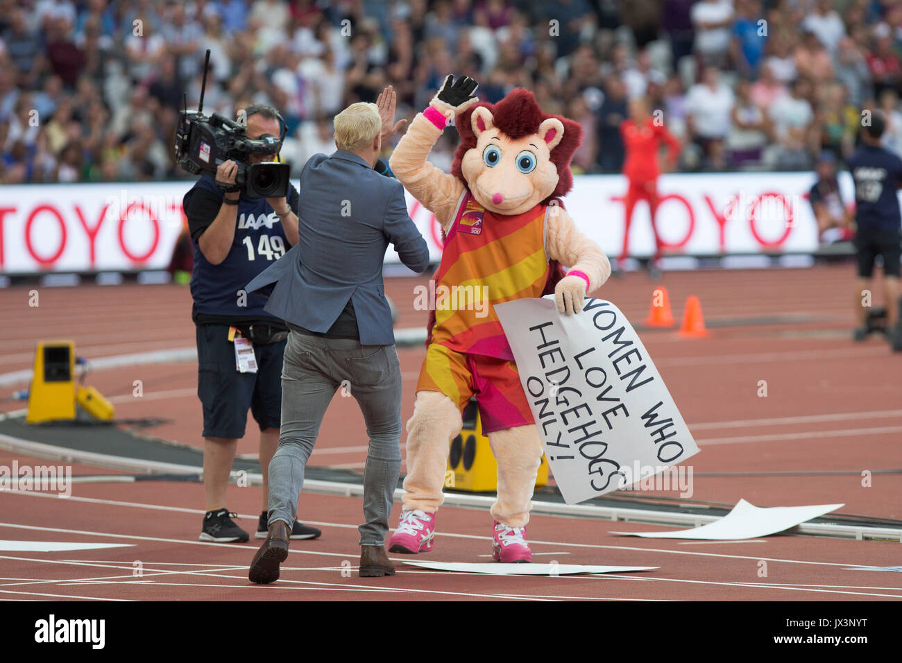 London Stadium, East London, England; IAAF World Championships, Held der Igel Maskottchen unterhaltsam die Fans am 12. August 2017. Stockfoto