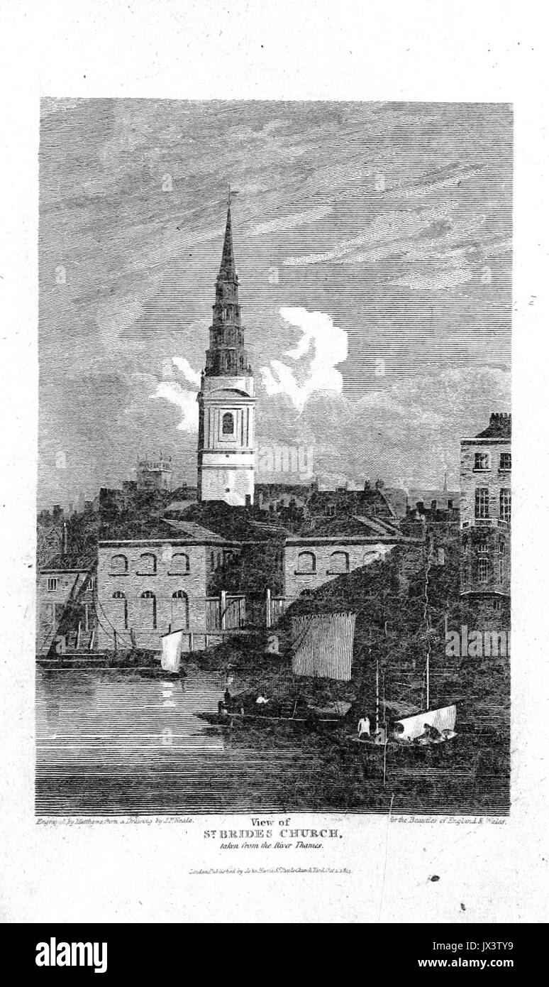 Brayley (1820) p 3 063 Blick auf die St-Braut, die Kirche, von der Themse Stockfoto