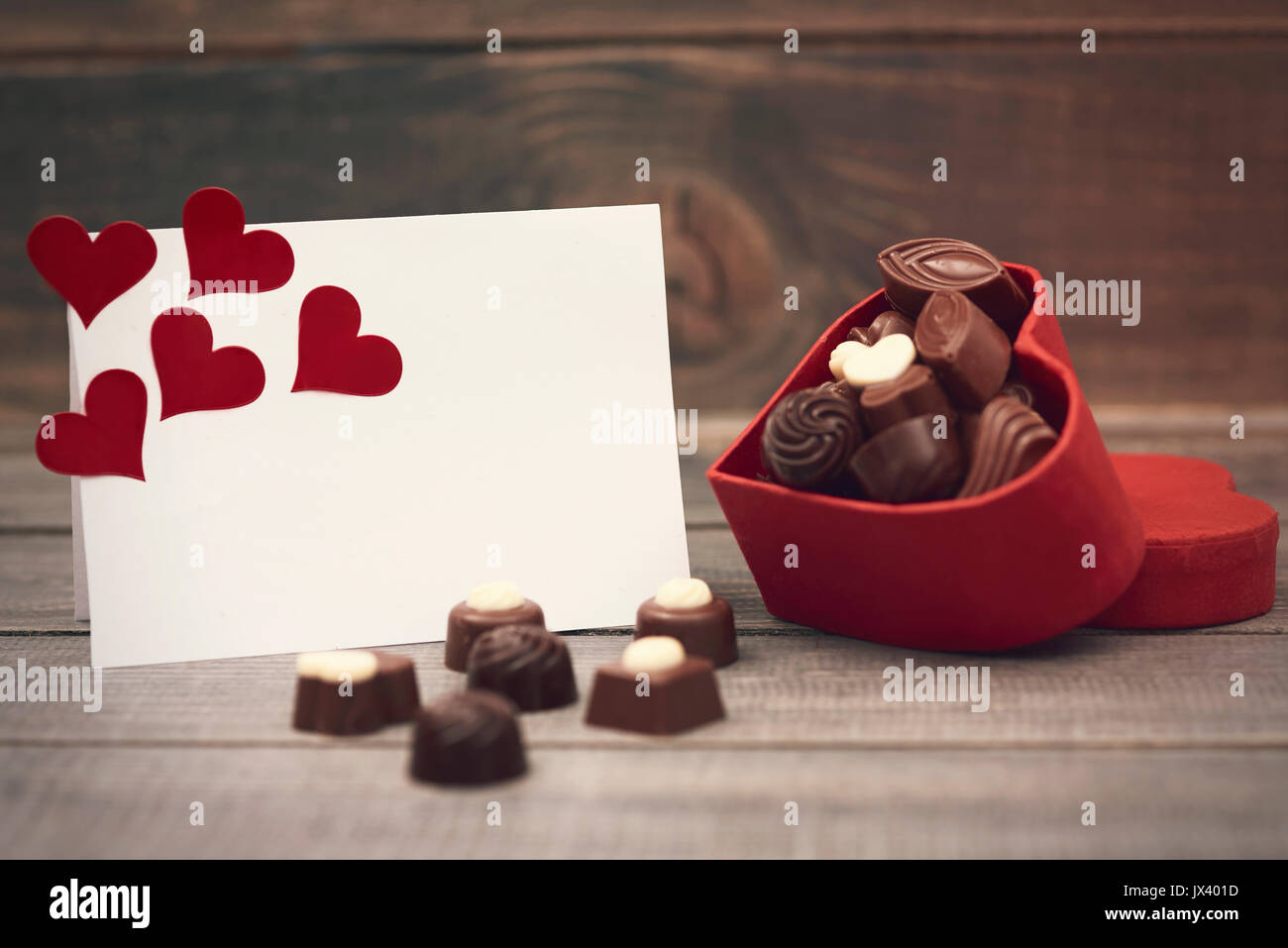 Chocolate Box und einer Grußkarte Stockfoto