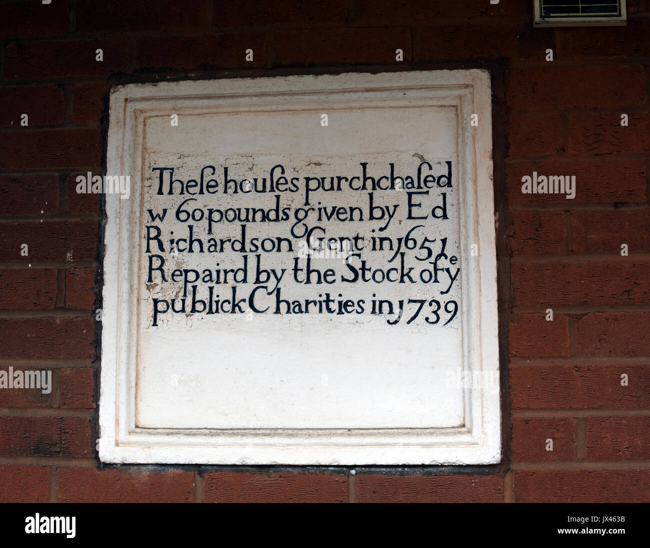 Plakette von ehemaligen Richardsons Armenhäuser, Stroud, Gloucestershire, England, Großbritannien Stockfoto