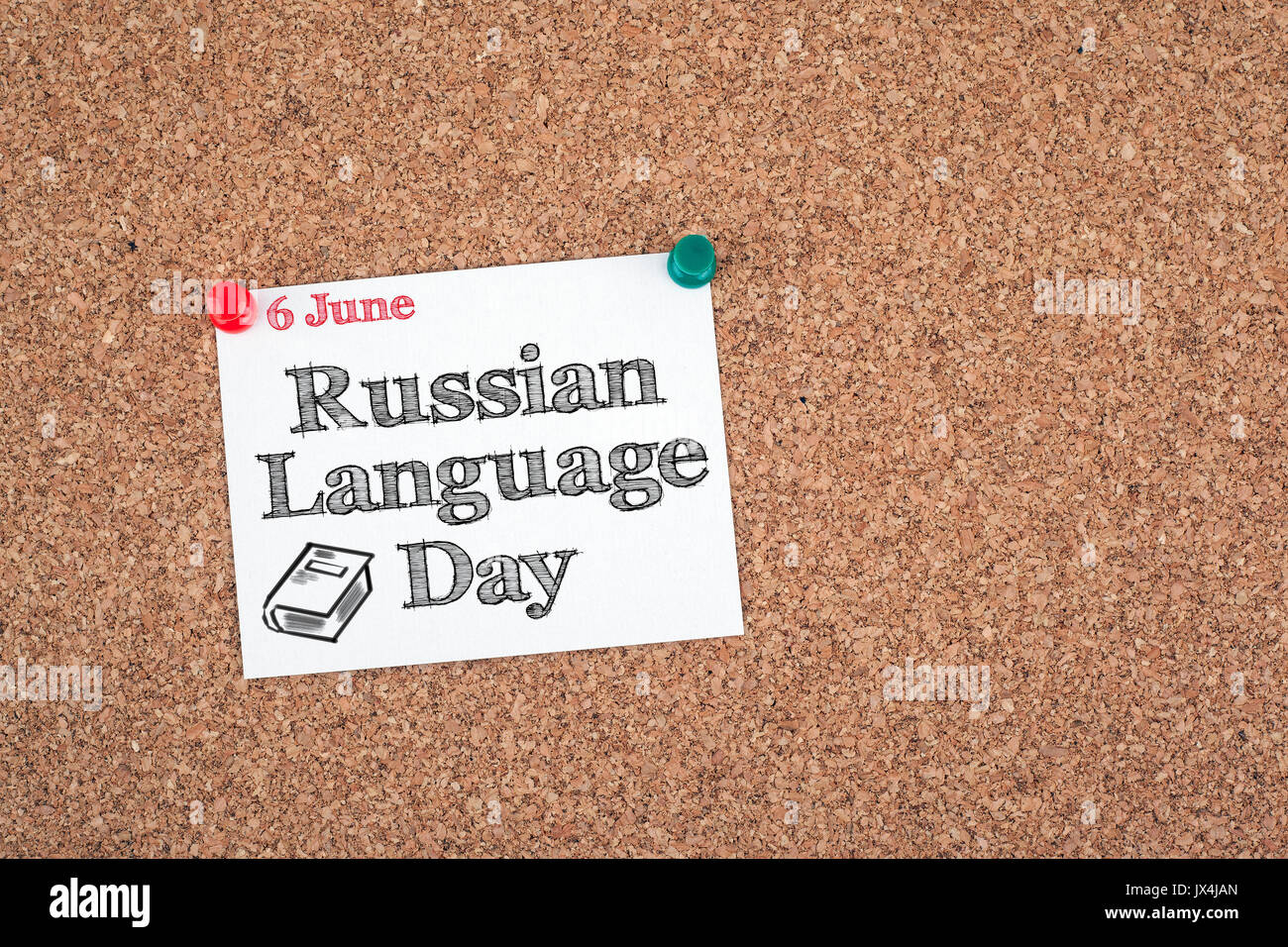 6. Juni russische Sprache Tag. Haftnotiz auf Kork. Stockfoto