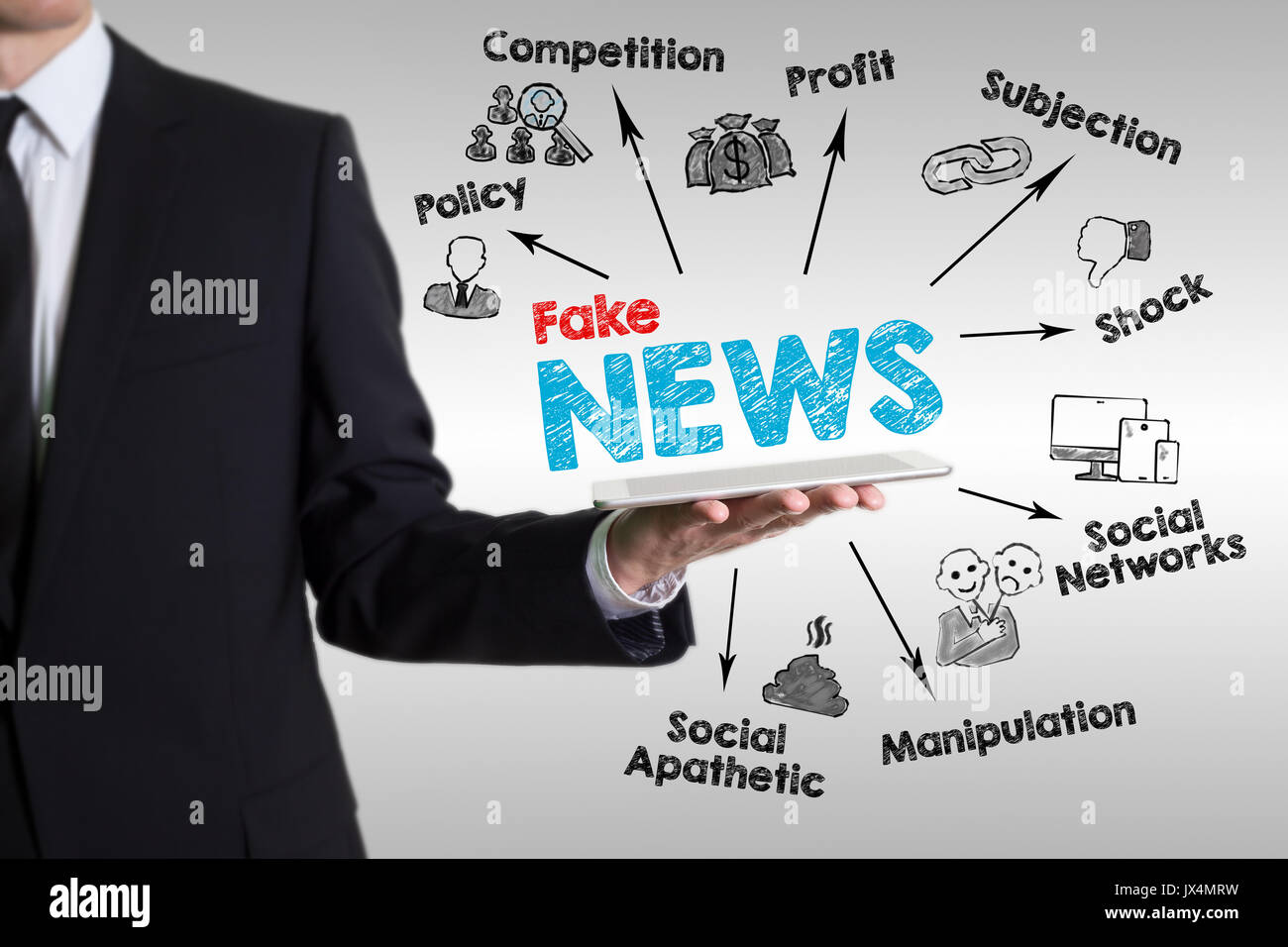 Gefälschte Nachrichten Konzept. Mann hält einen Tablet-PC. Stockfoto