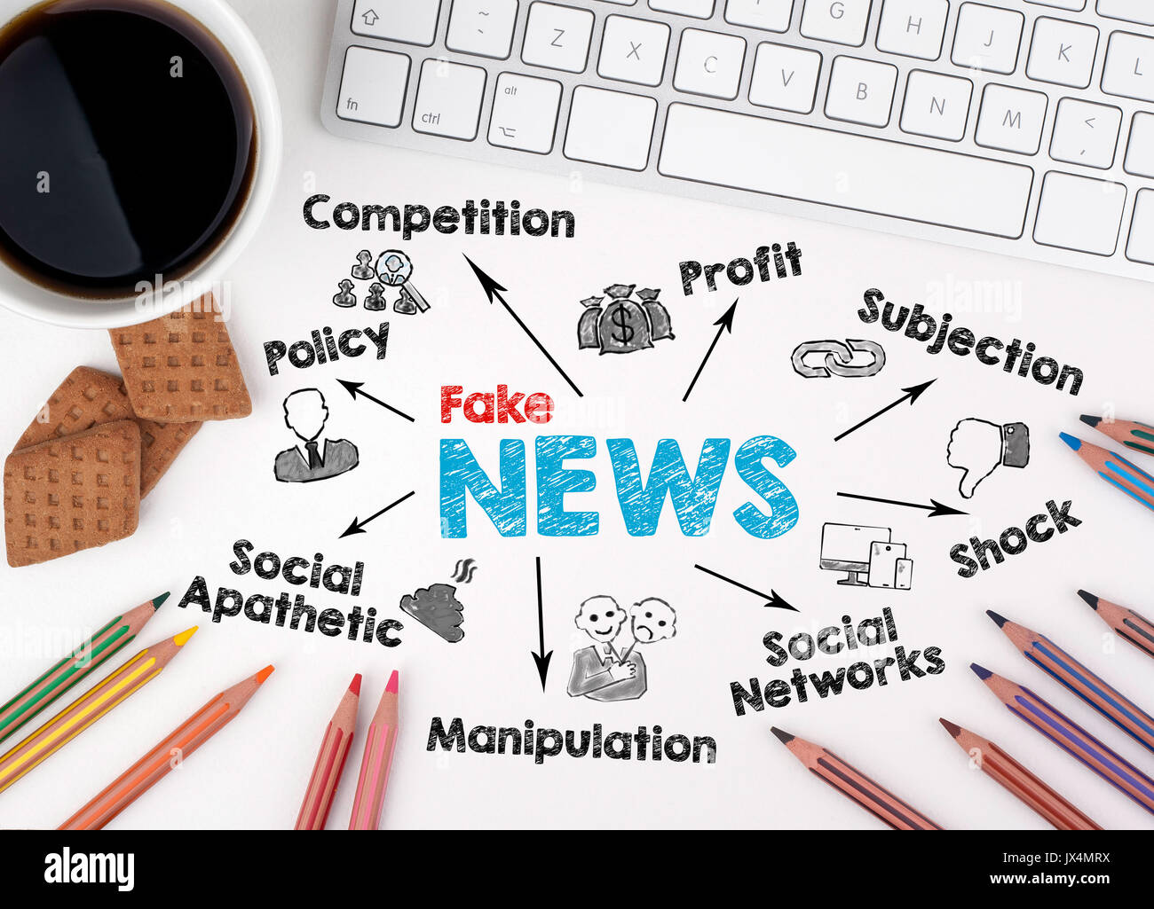 Fake News Business Konzept. Weiß Büro Schreibtisch. Stockfoto