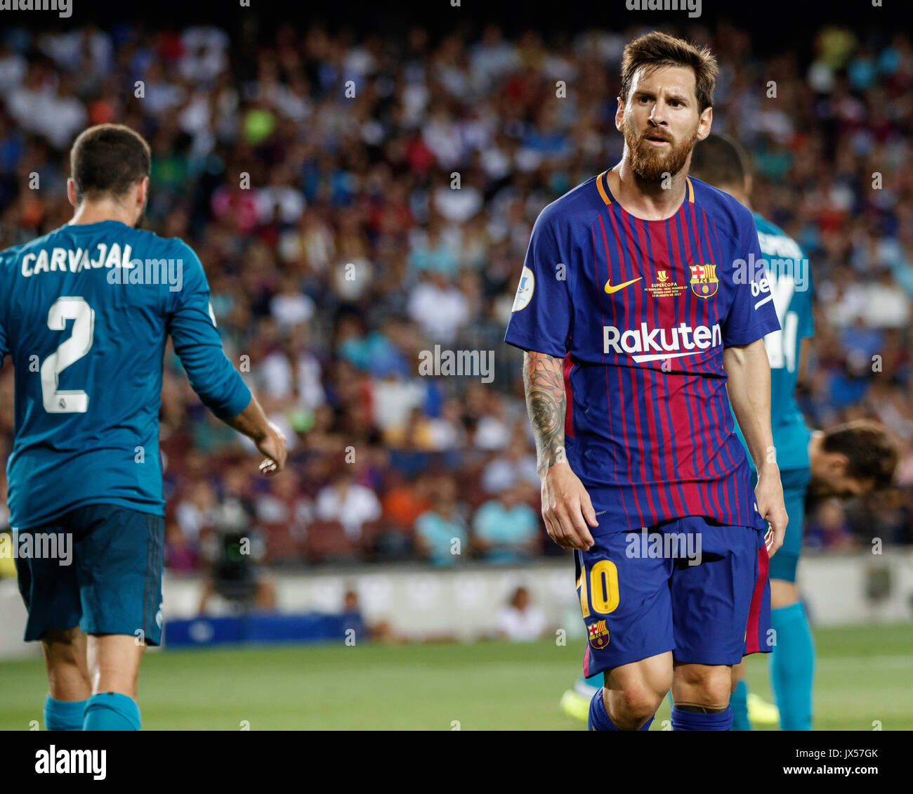 Das Stadion Camp Nou, Barcelona, Spanien. 13 August, 2017. Super Cup von Spanien zwischen dem FC Barcelona und Real Madrid. Leo Messi Credit: David Ramírez/Alamy leben Nachrichten Stockfoto
