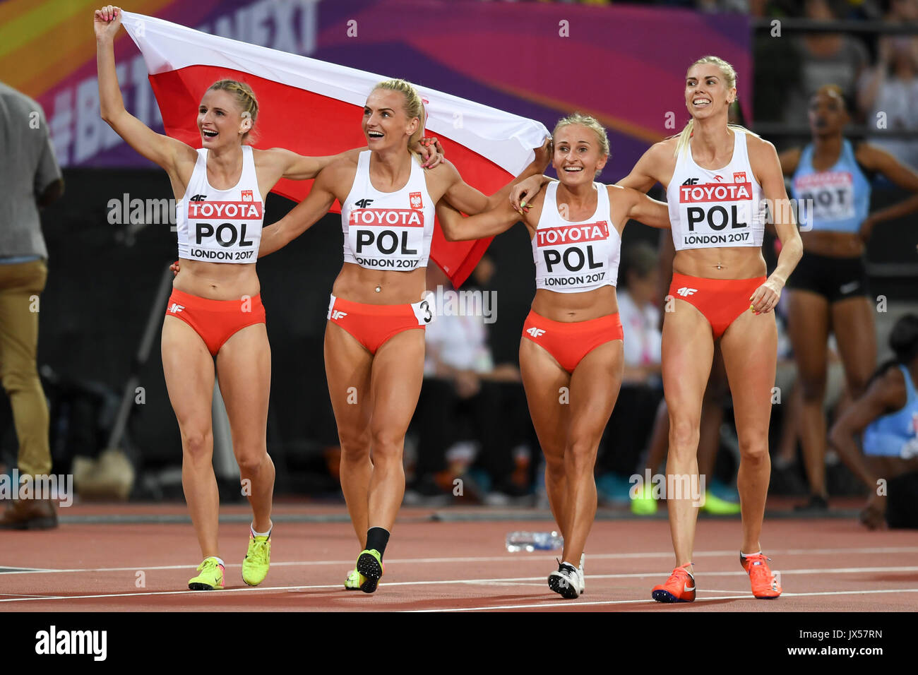 London, Großbritannien. 13. August 2017. Polen feiern Bronze gewann bei den Frauen 4x400m London, Großbritannien. 13. August 2017. Polen feiern Bronze gewann bei den Frauen 4x400m