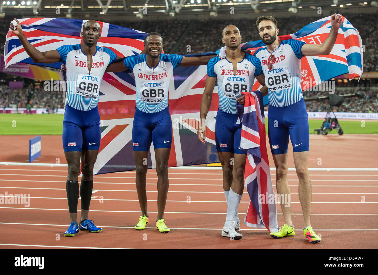 London, Großbritannien. 13 Aug, 2017. (L - r) Dwayne Cowan, Rabah YOUSIF, Matthew HUDSON - SMITH & Martin ROONEY bedeuten für die Masse folgenden es 4x400 Meter Relais final während der letzte Tag der IAAF Leichtathletik WM (Tag 10) bei den Olympischen Park, London, England am 13. August 2017. Foto von Andy Rowland/PRiME Media Bilder. Credit: Andrew Rowland/Alamy leben Nachrichten Stockfoto