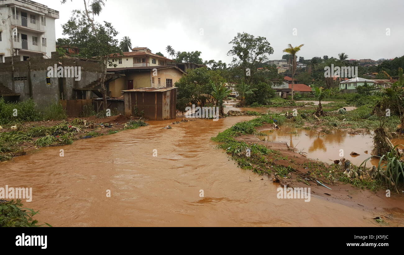 Freetown. 14 Aug, 2017. Foto am 12.08.14, 2017 zeigt die Überschwemmungen in Freetown, Sierra Leone. Mehr als 300 Menschen wurden in eine Schlammlawine getoetet worden und Überschwemmungen am Montag in der Gegend von Sierra Leone Hauptstadt Freetown, die nationalen Fernsehveranstalter sagte. Credit: Liu Yu/Xinhua/Alamy leben Nachrichten Stockfoto