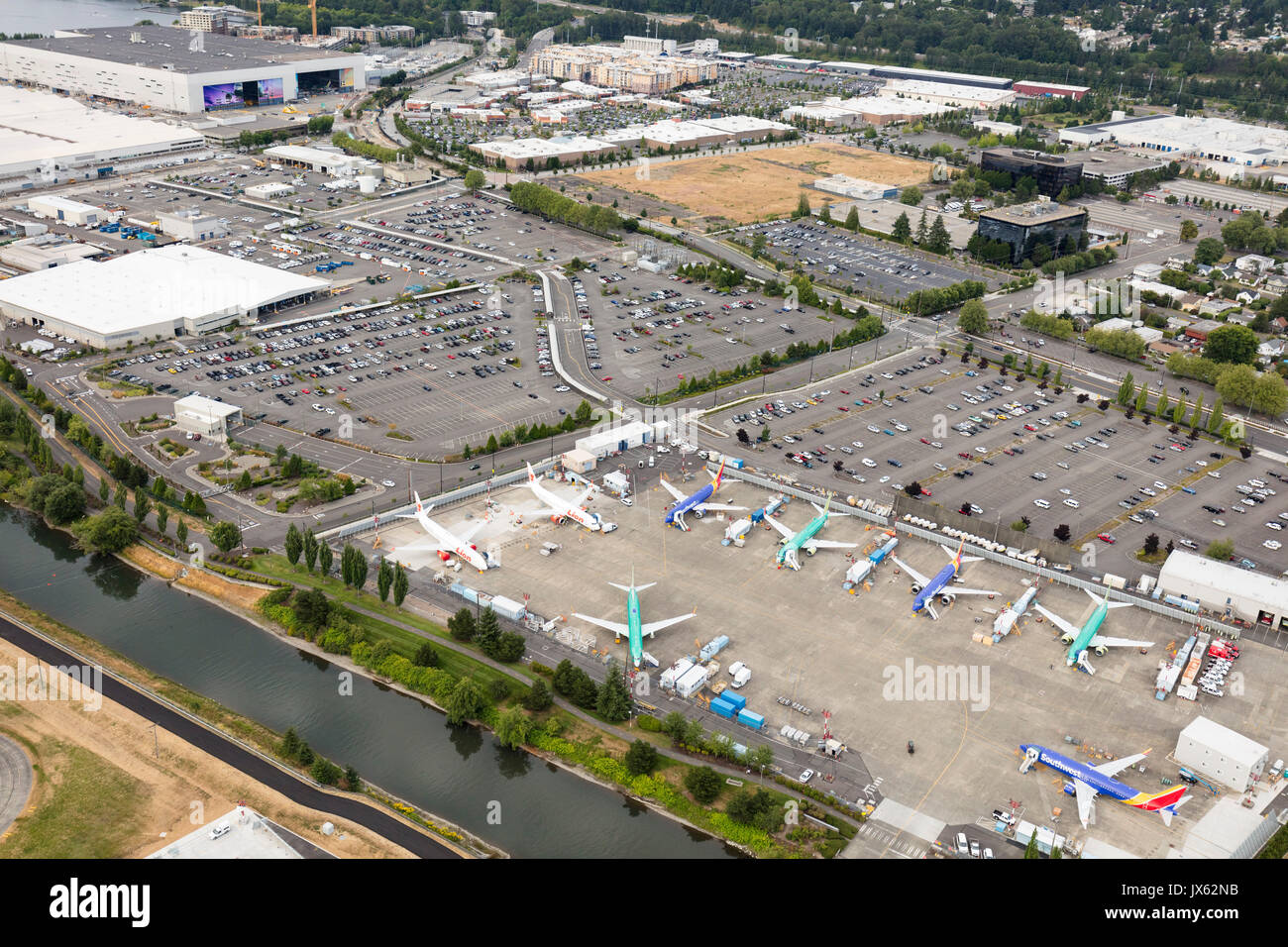 Luftaufnahme von Boeing 737 MAX airplines im Bau bei Boeing Fabrik, Renton, Washington State, USA Stockfoto