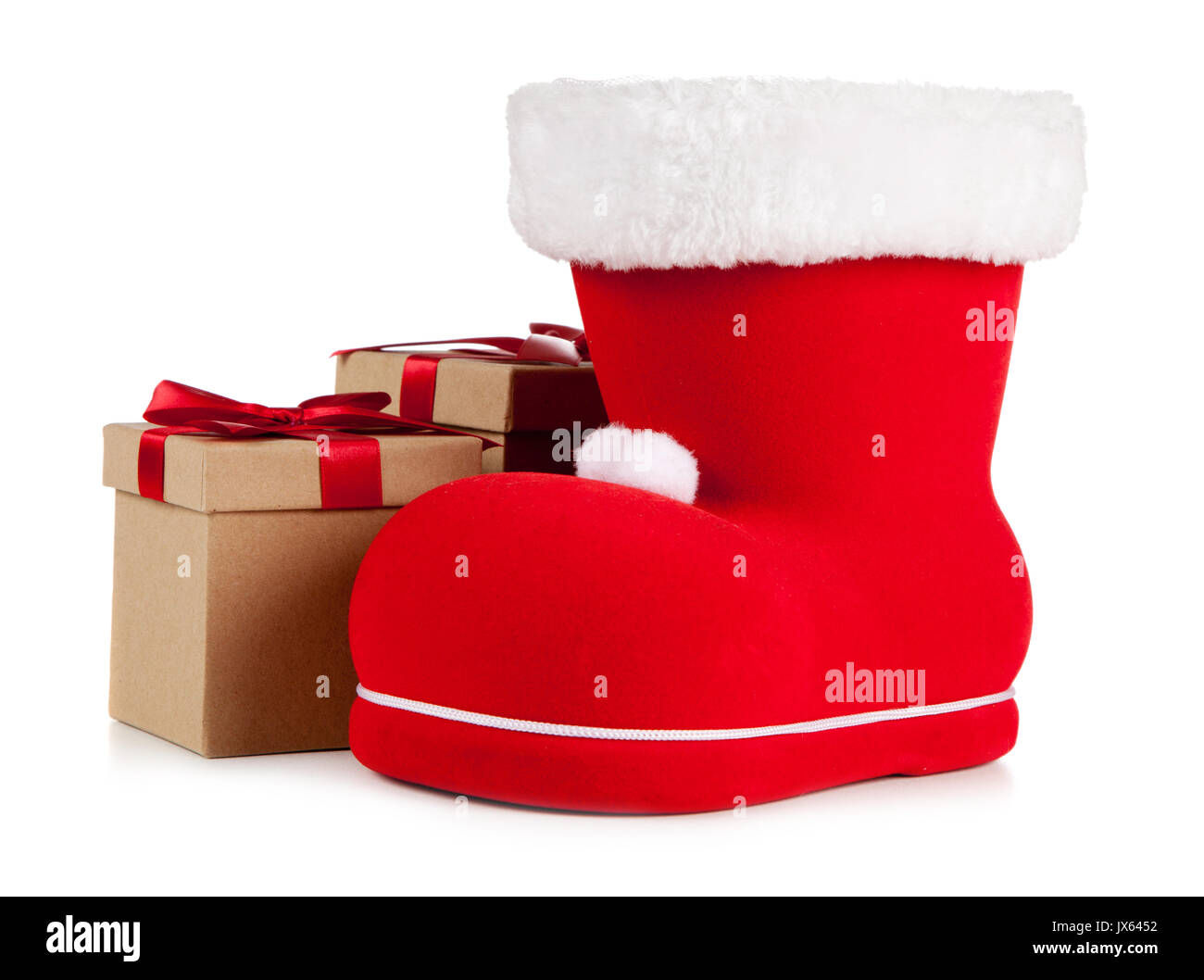 Santas Schuh auf weißem Hintergrund Stockfoto