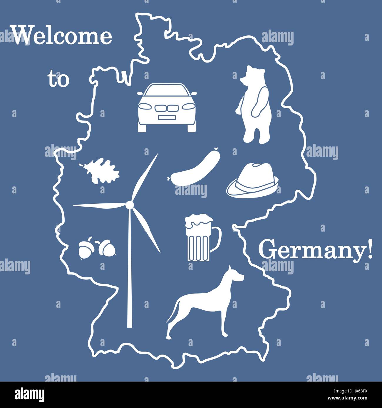 Vector Illustration mit verschiedenen Symbolen in Deutschland. Reisen und Freizeit. Design für Banner, Poster oder Drucken. Stock Vektor