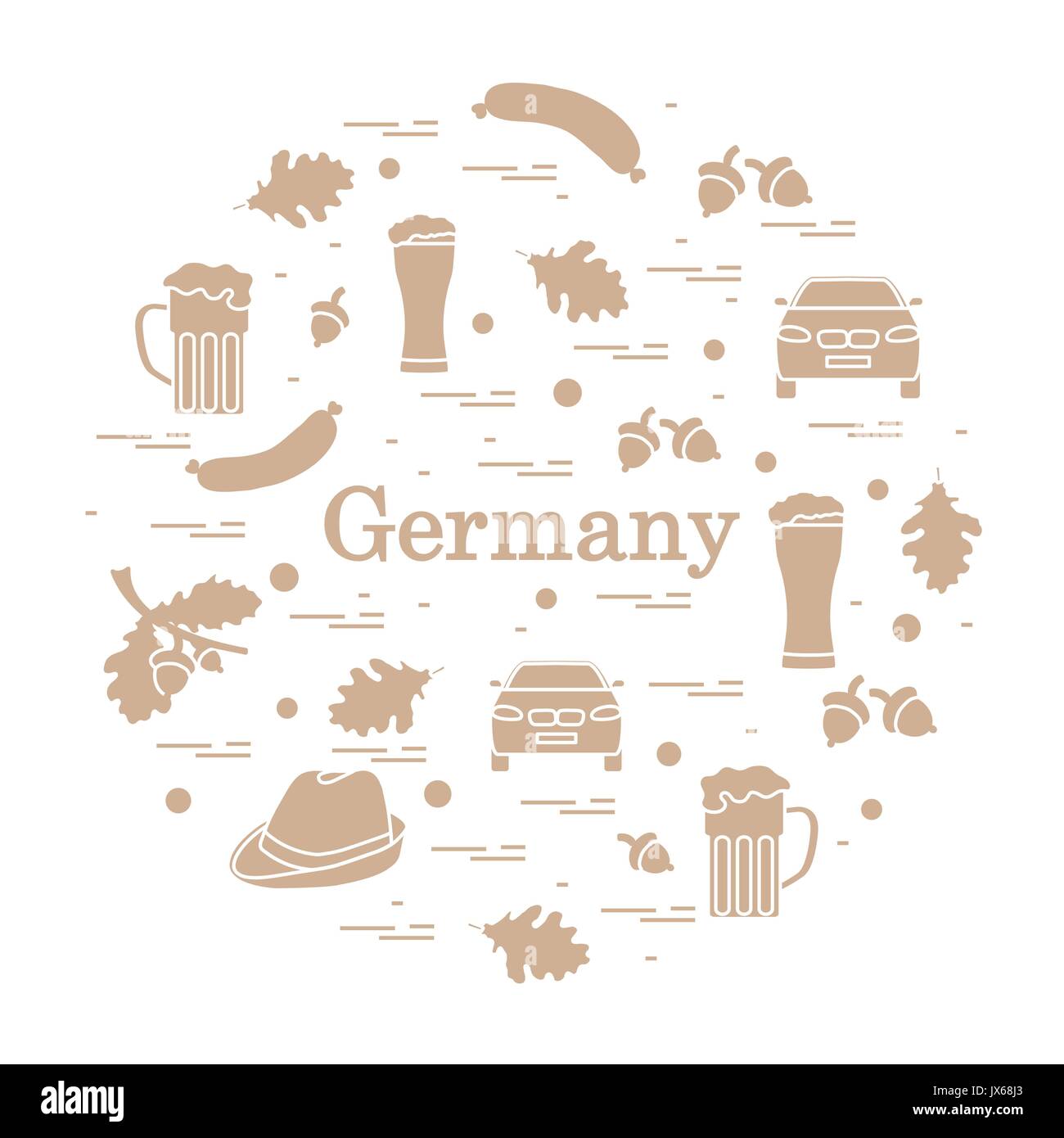 Vector Illustration mit verschiedenen Symbolen in Deutschland arrangiert in einem Kreis. Reisen und Freizeit. Design für Banner, Poster oder Drucken. Stock Vektor