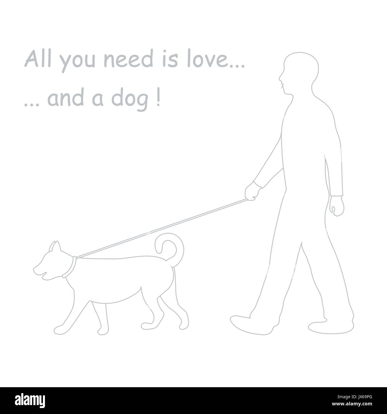 Silhouette eines Mannes, der einen Hund an der Leine spazieren gehen. Bezeichnung für Tierhandlung. Gestaltungselement für Postkarte, Banner, Flyer. Stock Vektor