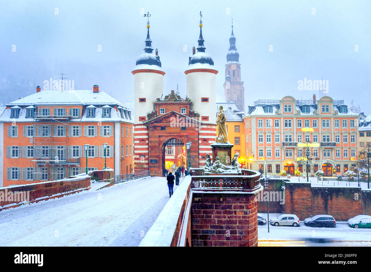 Malerische barocke Altstadt von Heidelberg, Deutschland, Snow White im Winter Stockfoto