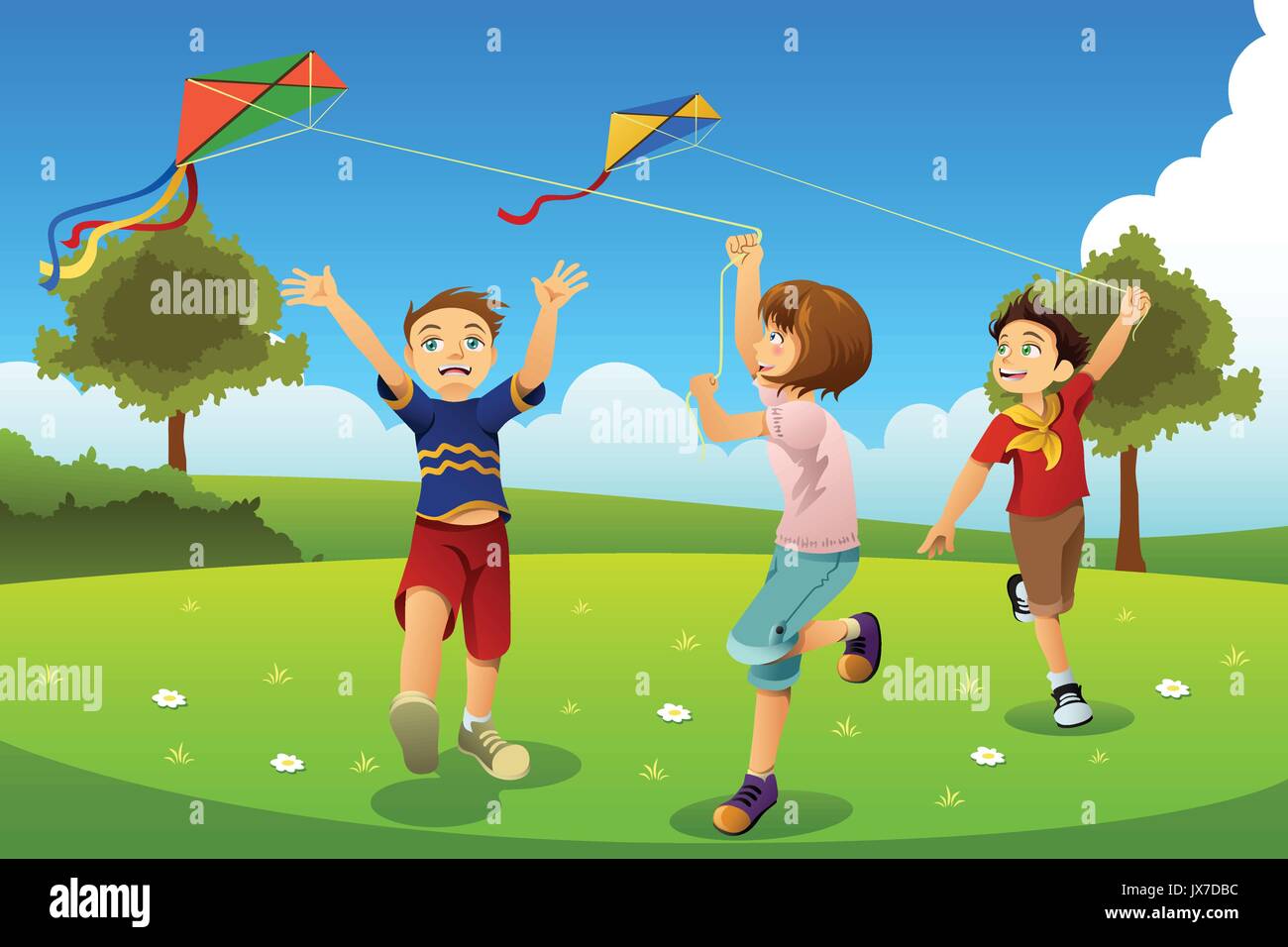 Ein Vektor Abbildung: Kinder fliegen Drachen in einem Park Stock Vektor