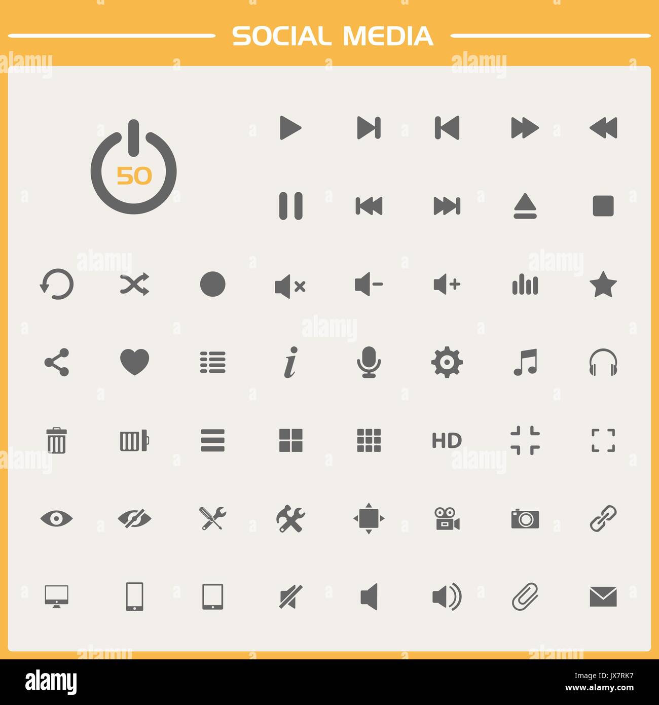 50 Social Media Icons auf weißen und blauen Hintergrund Stock Vektor