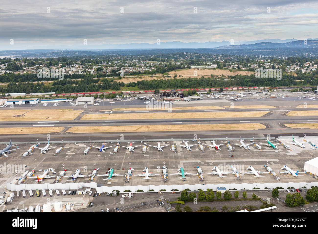 Luftaufnahme von King County International Airport und Boeing Field, Seattle, Washington State, USA Stockfoto