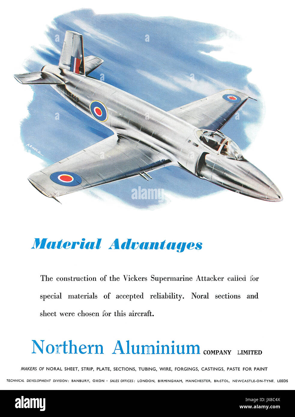 1950s British Werbung für Northern Aluminium, verfügt über eine Abbildung der Vickers Supermarine Angreifer jet Aircraft. Stockfoto