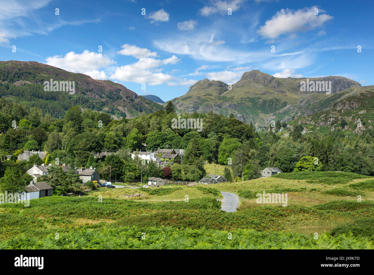 Elterwater mit Langdale Pikes hinter Lake District, Cumbria Stockfoto