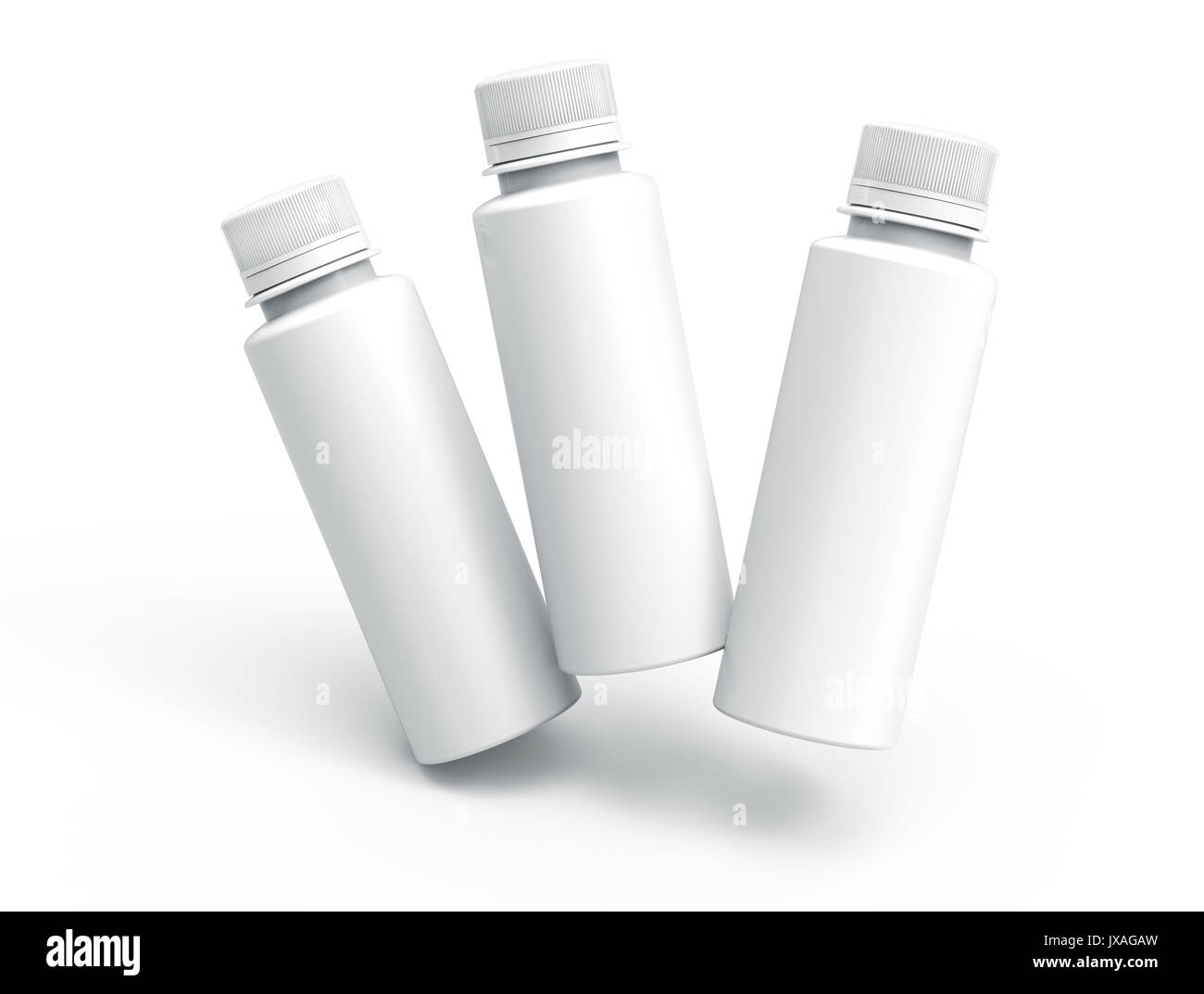 Plastikflasche für Getränke, leere Flasche mockup Vorlage in 3D Rendering auf Weiß für Design wird isoliert, drei Flaschen, die in der Luft schweben Stockfoto