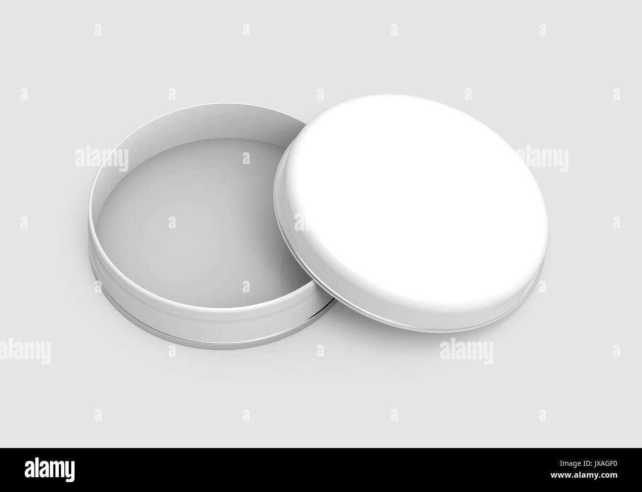 Kurze Metalldose Mockup, leere runde Blechdose mit glänzenden Oberfläche Vorlage in 3D Rendering für Design verwendet, offene Kappe Stockfoto