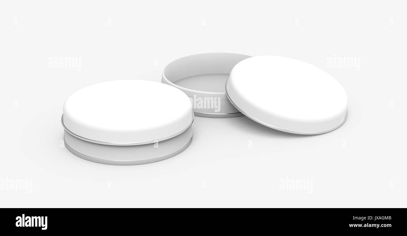 Kurze Metalldose Mockup, leere runde Blechdosen Vorlage mit glänzender Oberfläche in 3D Rendering für Design verwendet, einer offenen und einer geschlossenen Stockfoto